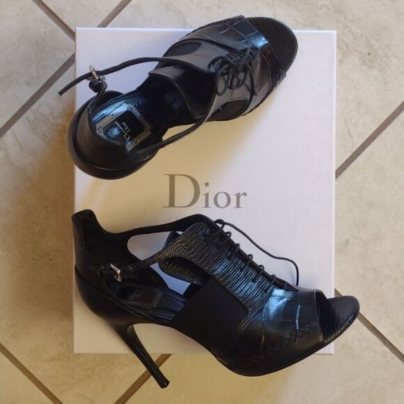 Dior black heel lace up peeptoe heeled leather bootie box stiletto Italy size 9 - Picture 2 of 14